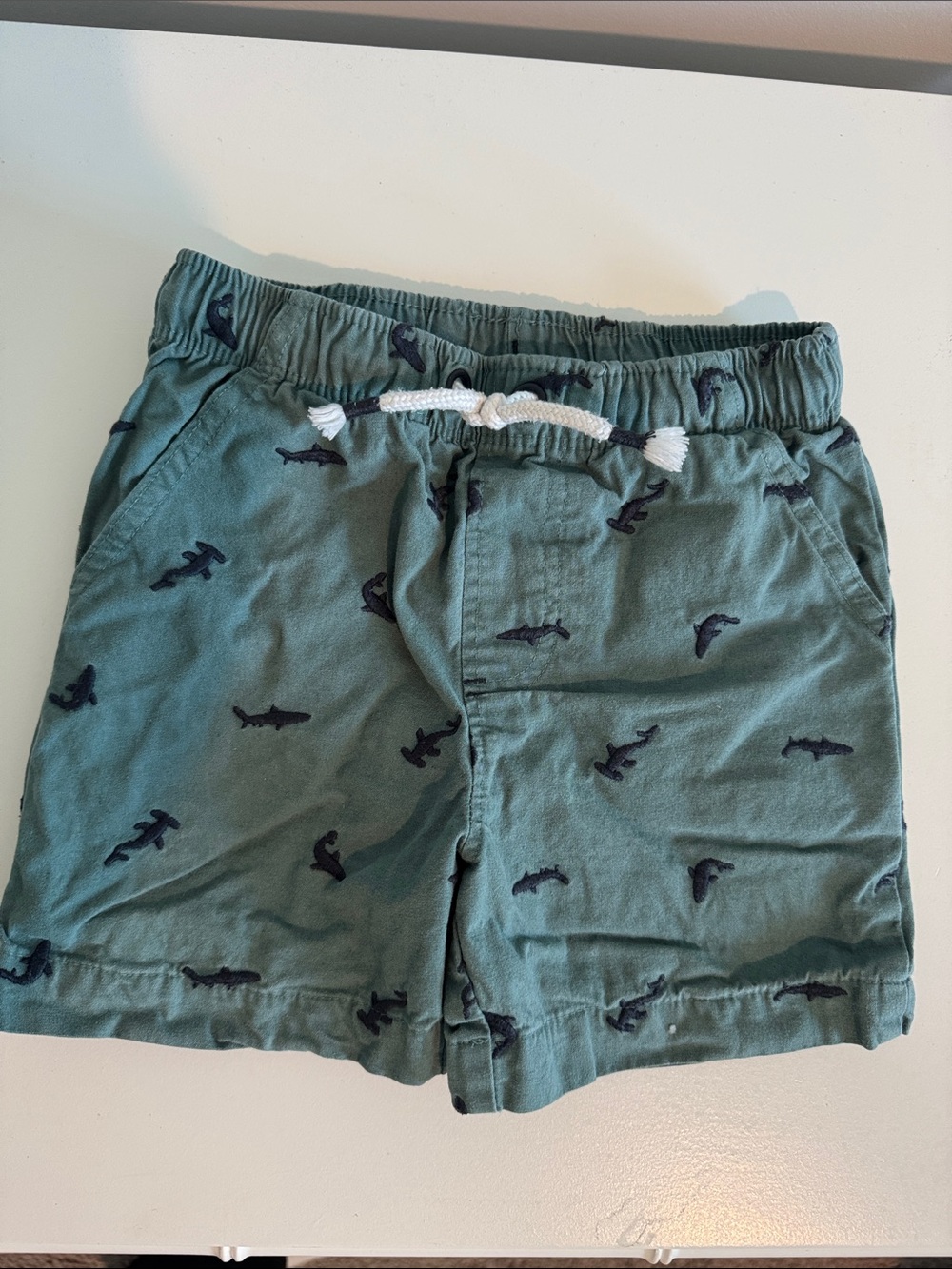 Tommy Bahama Green Shark-Patterned Kids Shorts with White Drawstring